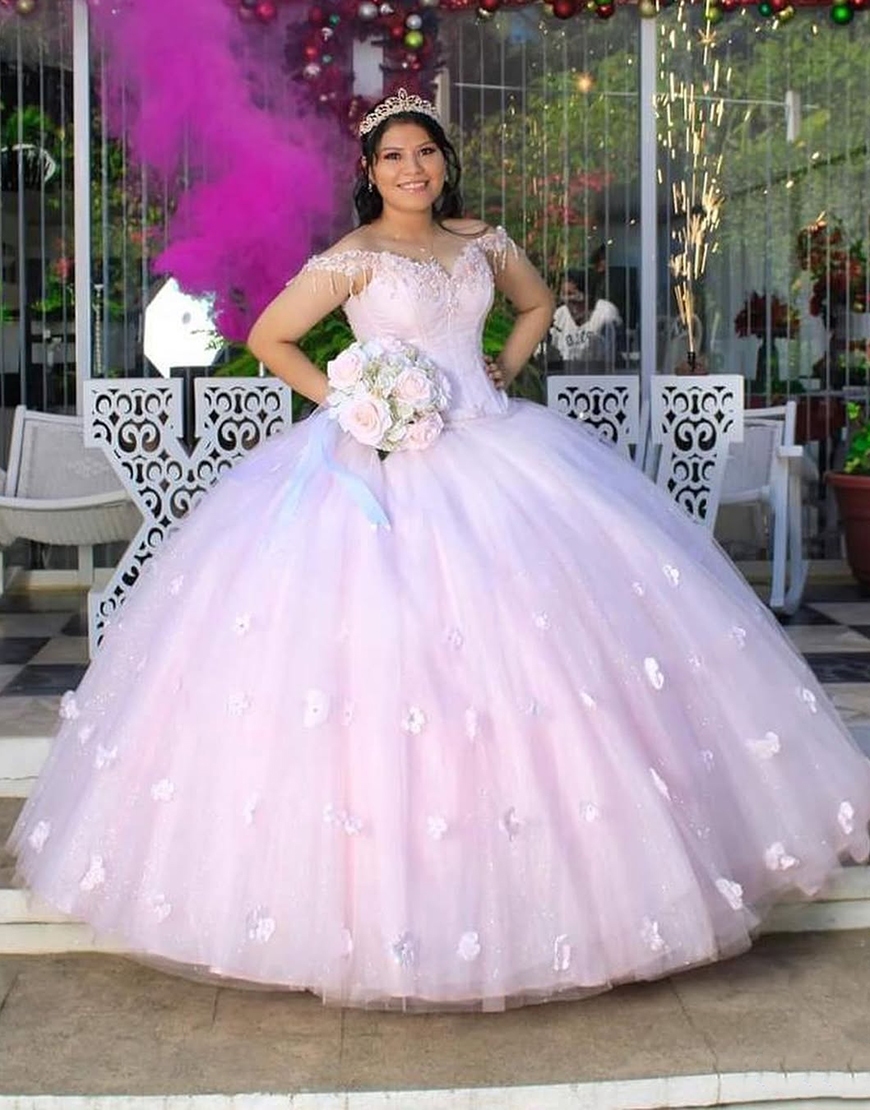 Pink Fringed Corset Princess Off the Shoulder Long Quinceanera Dress with Appliques