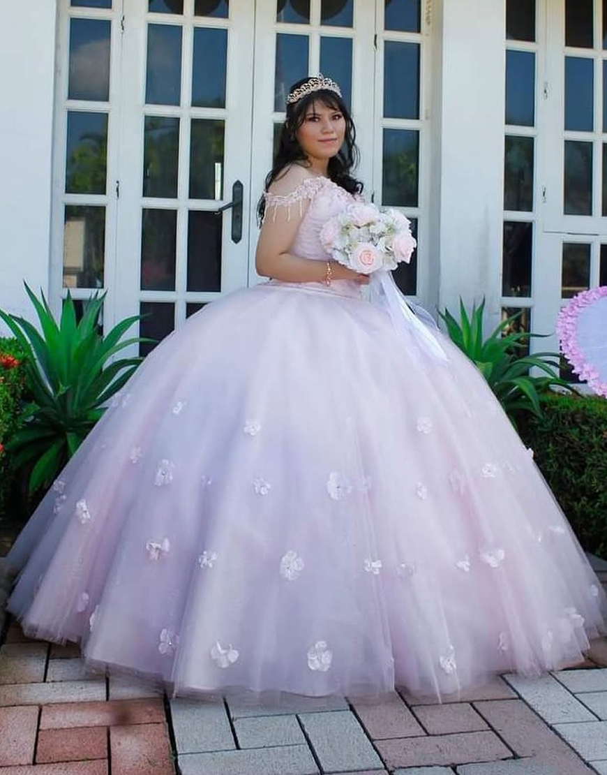 Pink Fringed Corset Princess Off the Shoulder Long Quinceanera Dress with Appliques