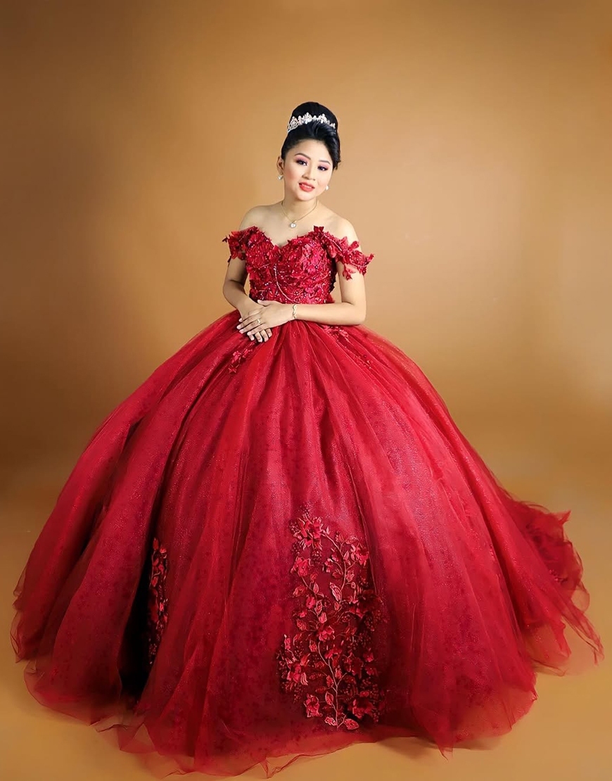 Sparkly Red Floral Princess Off the Shoulder Long Quinceanera Dress with Beading