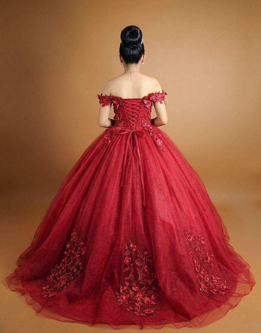 Sparkly Red Floral Princess Off the Shoulder Long Quinceanera Dress with Beading