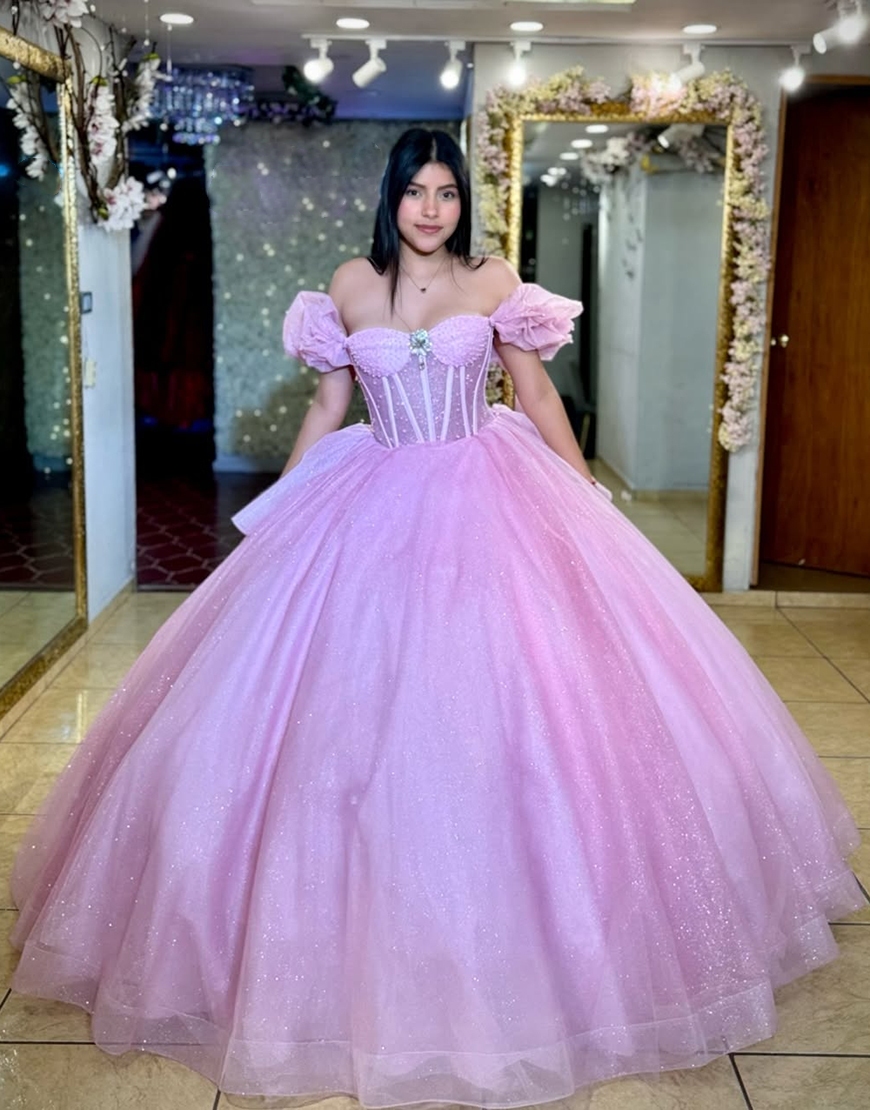 Glitter Pink Corset Ruffled Princess Off the Shoulder Long Quinceanera Dress with Beading