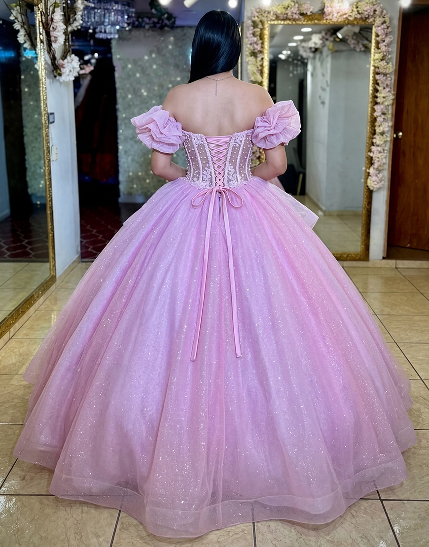 Glitter Pink Corset Ruffled Princess Off the Shoulder Long Quinceanera Dress with Beading