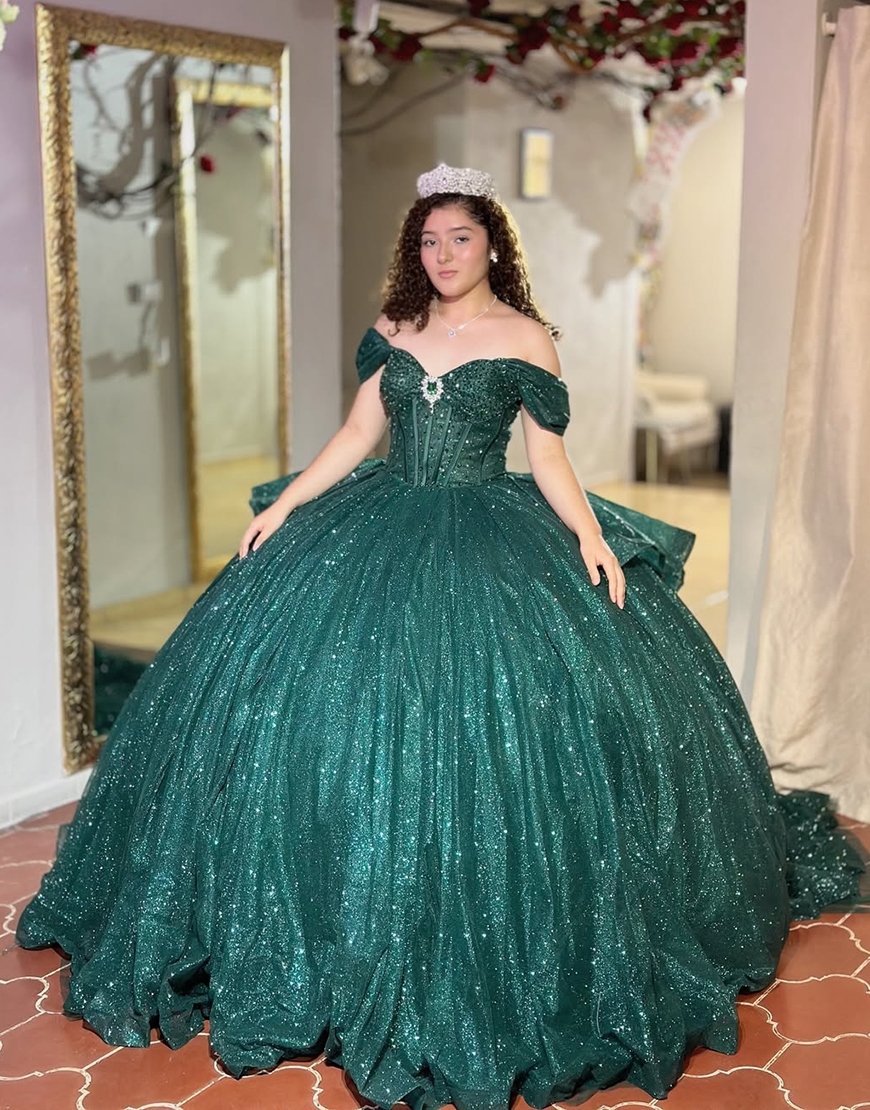 Glitter Dark Green Corset Princess Off the Shoulder Long Quinceanera Dress with Ruffles