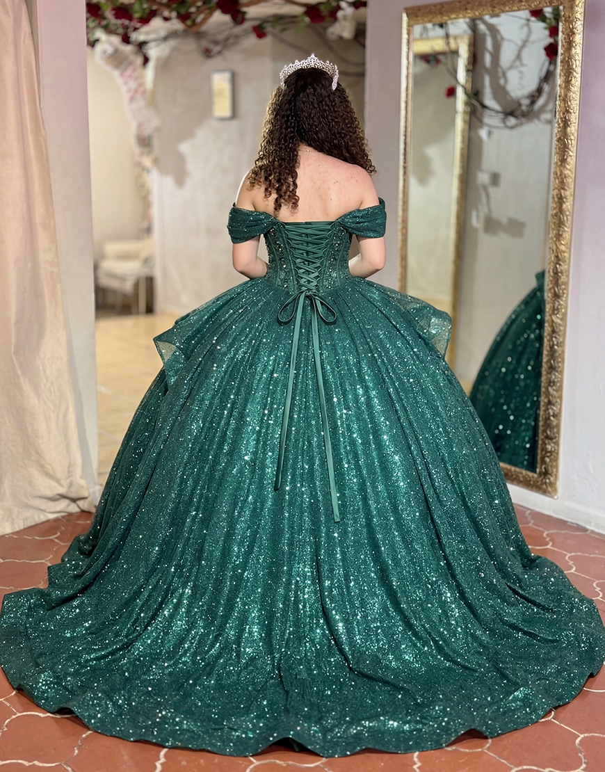 Glitter Dark Green Corset Princess Off the Shoulder Long Quinceanera Dress with Ruffles