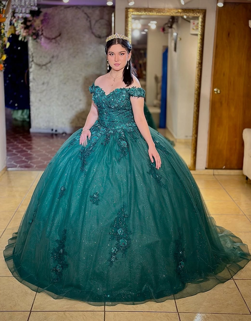 Glitter Dark Green Off the Shoulder Tulle Princess Long Quinceanera Dress with Lace
