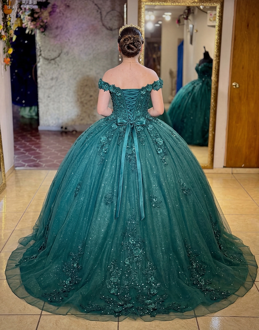 Glitter Dark Green Off the Shoulder Tulle Princess Long Quinceanera Dress with Lace