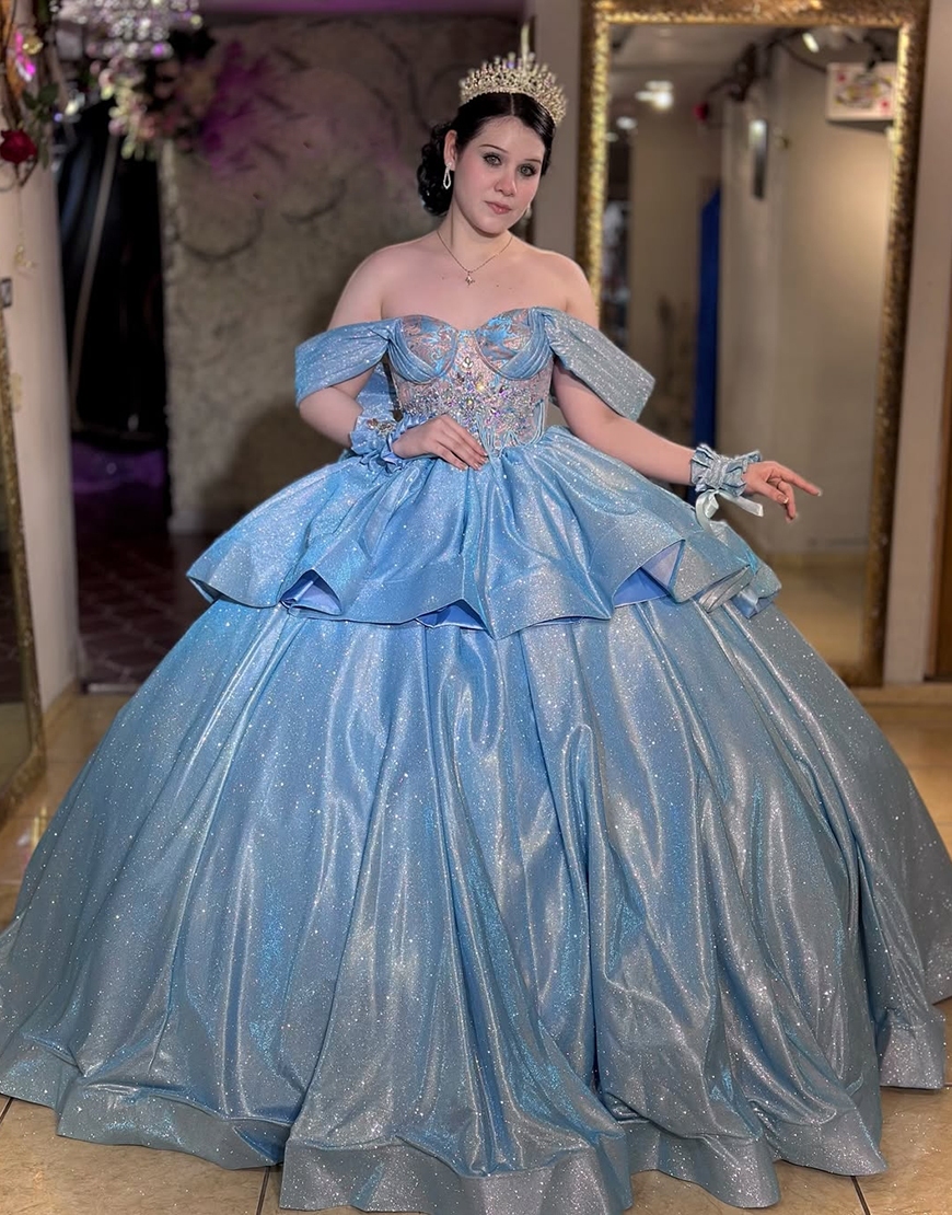 Glitter Blue Off the Shoulder Princess Ruffled Long Quinceanera Dress with Appliques