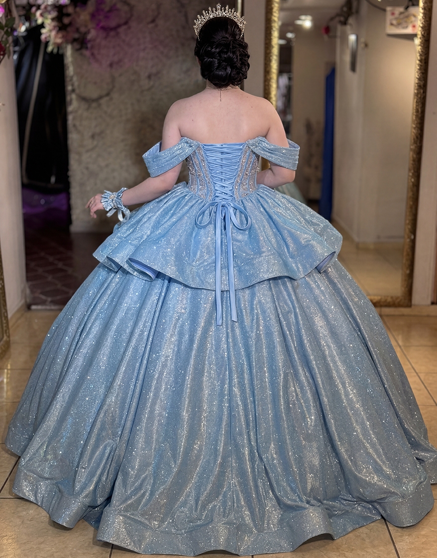 Glitter Blue Off the Shoulder Princess Ruffled Long Quinceanera Dress with Appliques