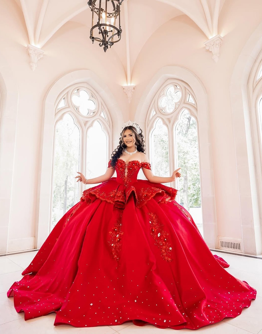 Sparkly Red Floral Off the Shoulder Princess Ruffled Long Quinceanera Dress with Appliques