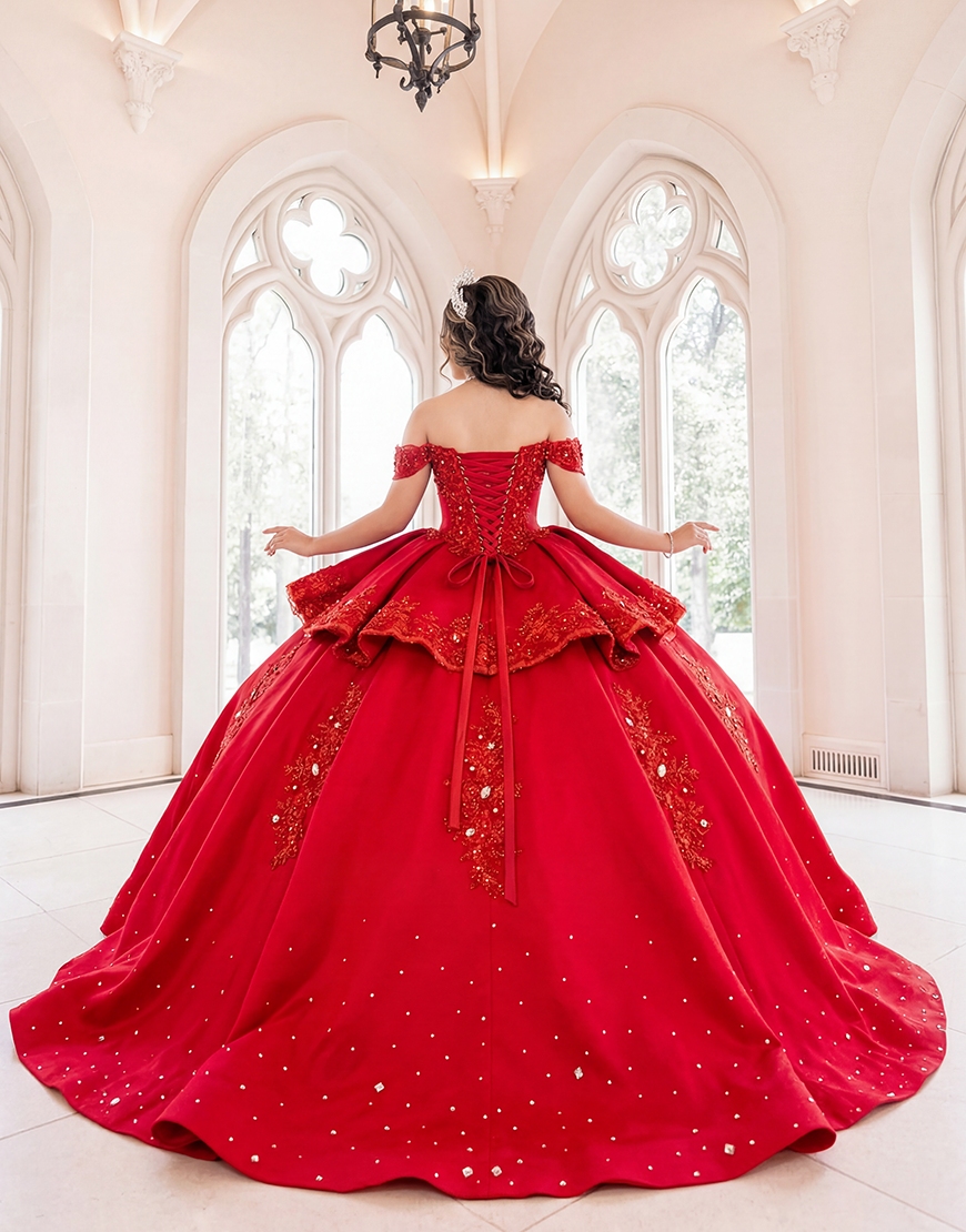Sparkly Red Floral Off the Shoulder Princess Ruffled Long Quinceanera Dress with Appliques