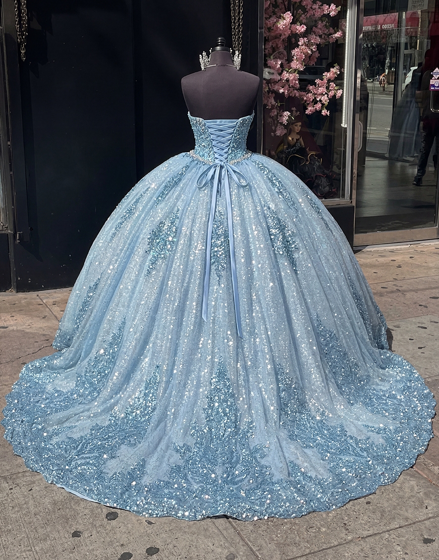 Sparkly Blue Princess Sweetheart Long Quinceanera Dress with Appliques