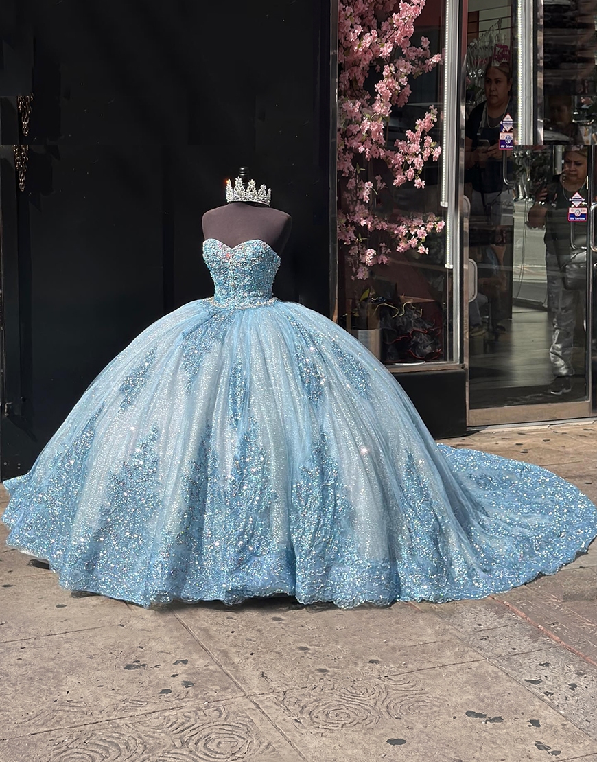 Sparkly Blue Princess Sweetheart Long Quinceanera Dress with Appliques