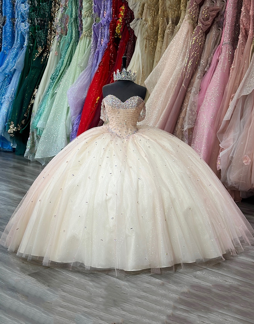 Sparkly Apricot Princess Beaded Corset Long Quinceanera Dress