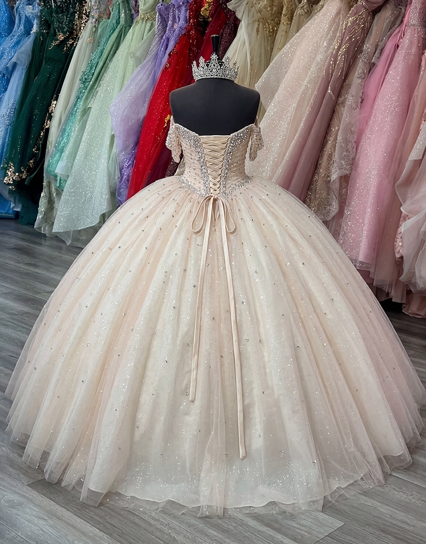 Sparkly Apricot Princess Beaded Corset Long Quinceanera Dress