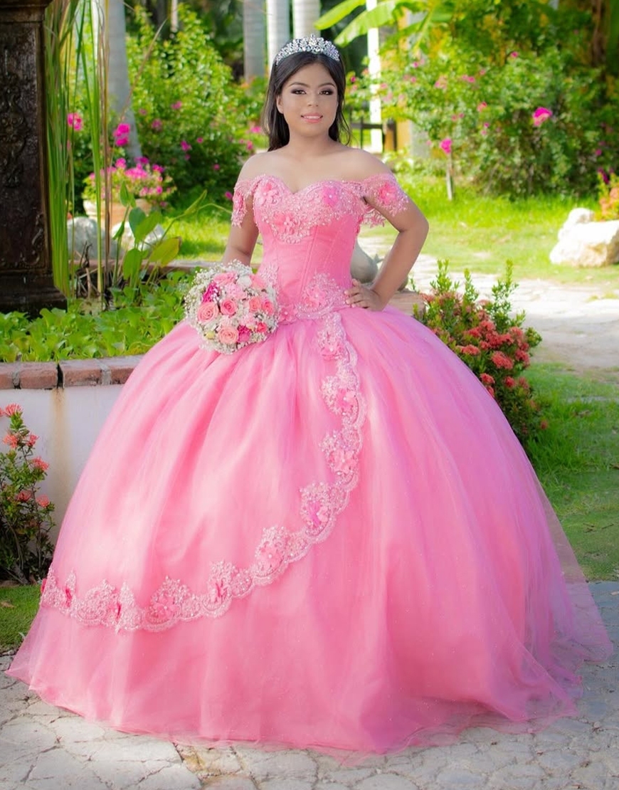 Sparkly Pink Tulle Princess Off the Shoulder Beaded Long Quinceanera Dress with Ruffles