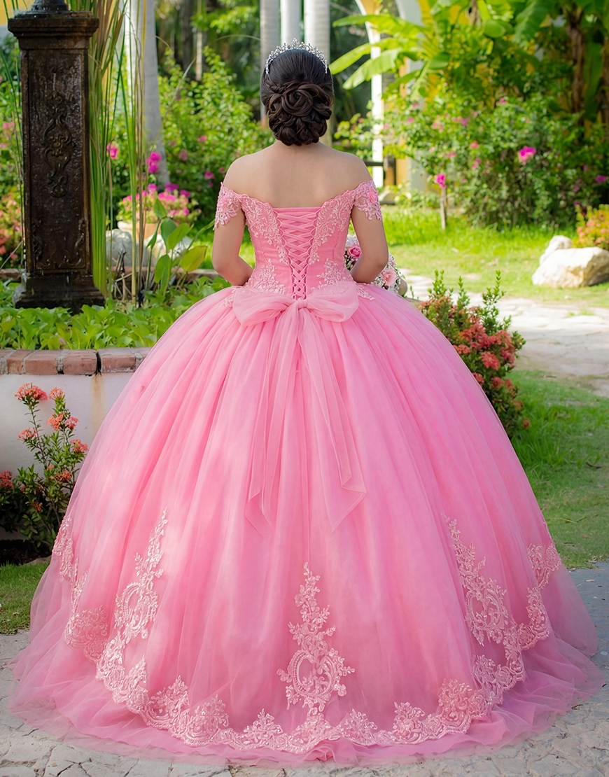 Sparkly Pink Tulle Princess Off the Shoulder Beaded Long Quinceanera Dress with Ruffles