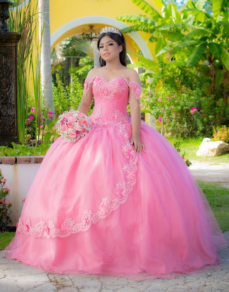Sparkly Pink Tulle Princess Off the Shoulder Beaded Long Quinceanera Dress with Ruffles