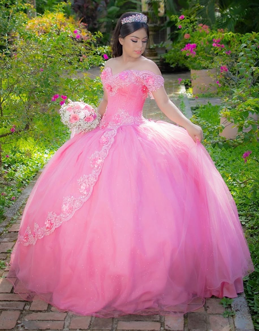 Sparkly Pink Tulle Princess Off the Shoulder Beaded Long Quinceanera Dress with Ruffles