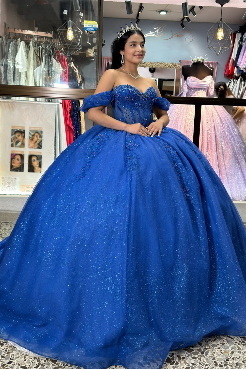 Glitter Royal Blue Off the Shoulder Beaded Long Corset Quinceanera Dress with Appliques