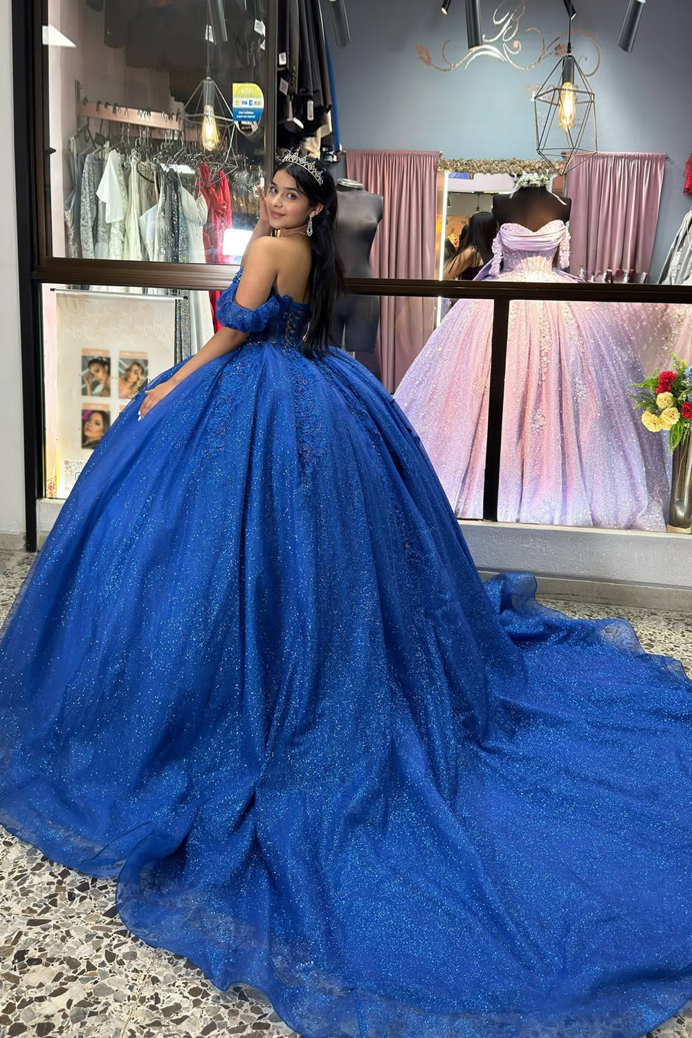 Glitter Royal Blue Off the Shoulder Beaded Long Corset Quinceanera Dress with Appliques
