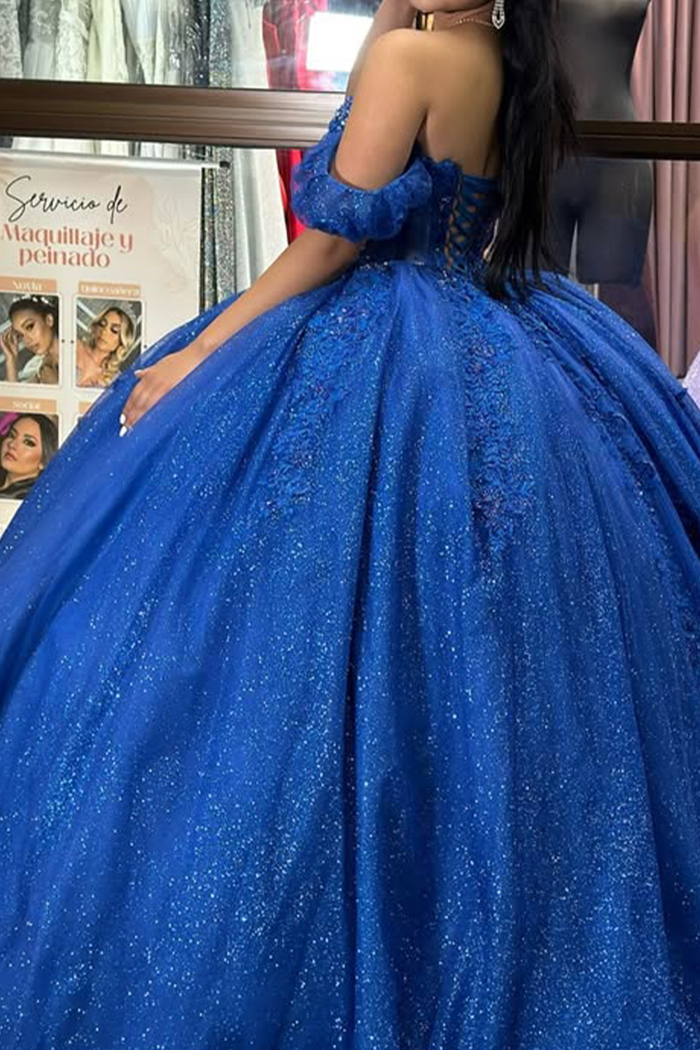 Glitter Royal Blue Off the Shoulder Beaded Long Corset Quinceanera Dress with Appliques