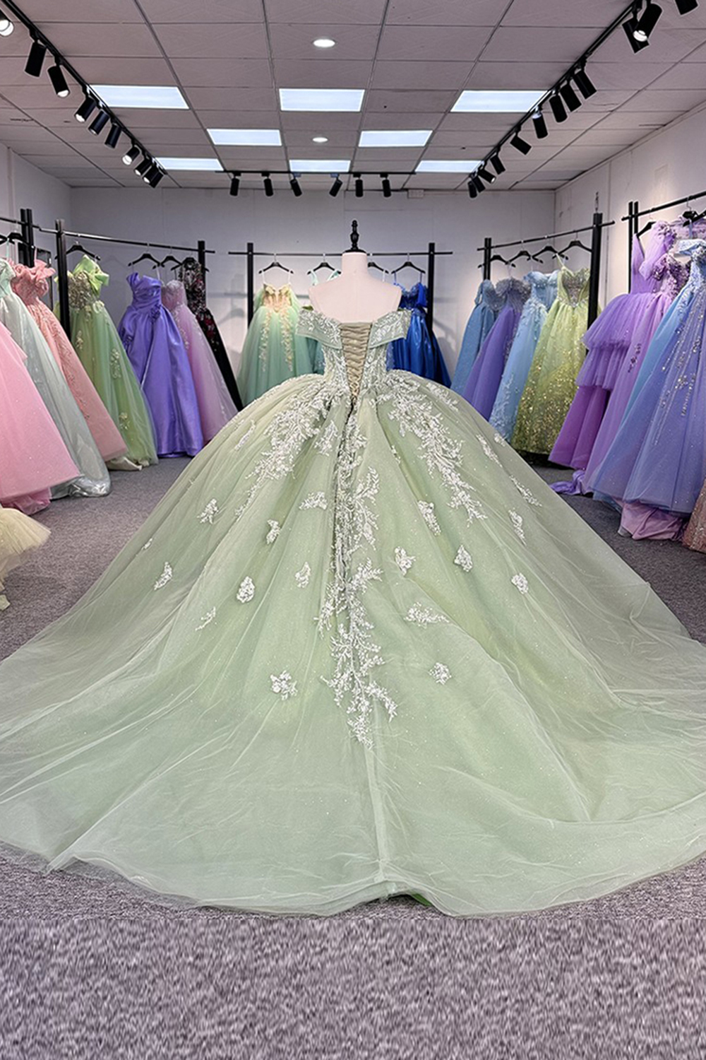 Glitter Green Tulle Floral Long Off the Shoulder Quinceanera Dress with Appliques