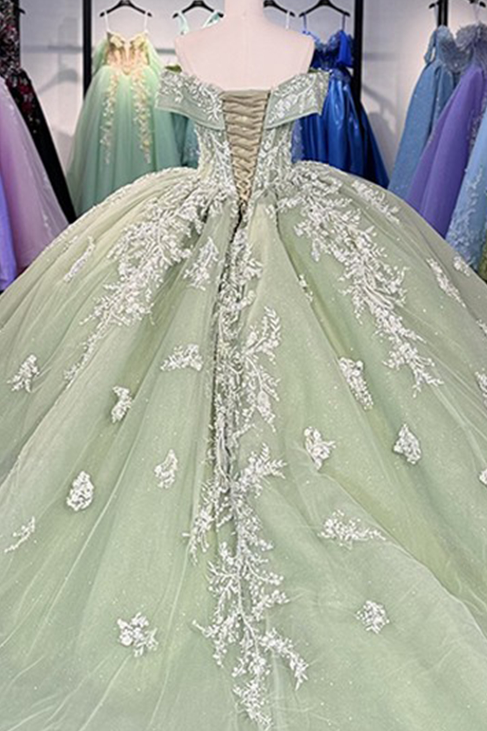 Glitter Green Tulle Floral Long Off the Shoulder Quinceanera Dress with Appliques
