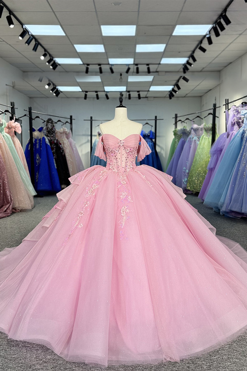 Glitter Pink Corset Tulle Floral Long Quinceanera Dress with Ruffles