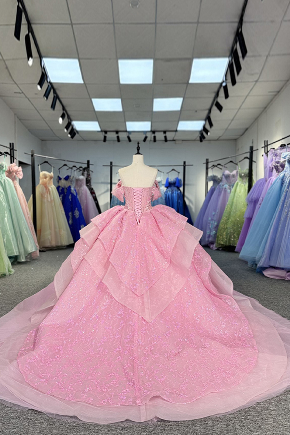 Glitter Pink Corset Tulle Floral Long Quinceanera Dress with Ruffles