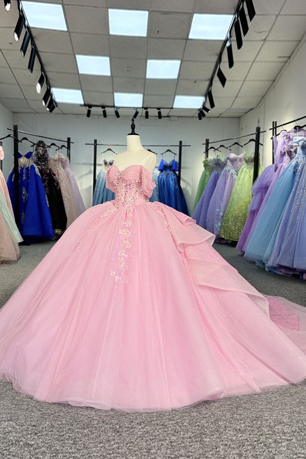 Glitter Pink Corset Tulle Floral Long Quinceanera Dress with Ruffles