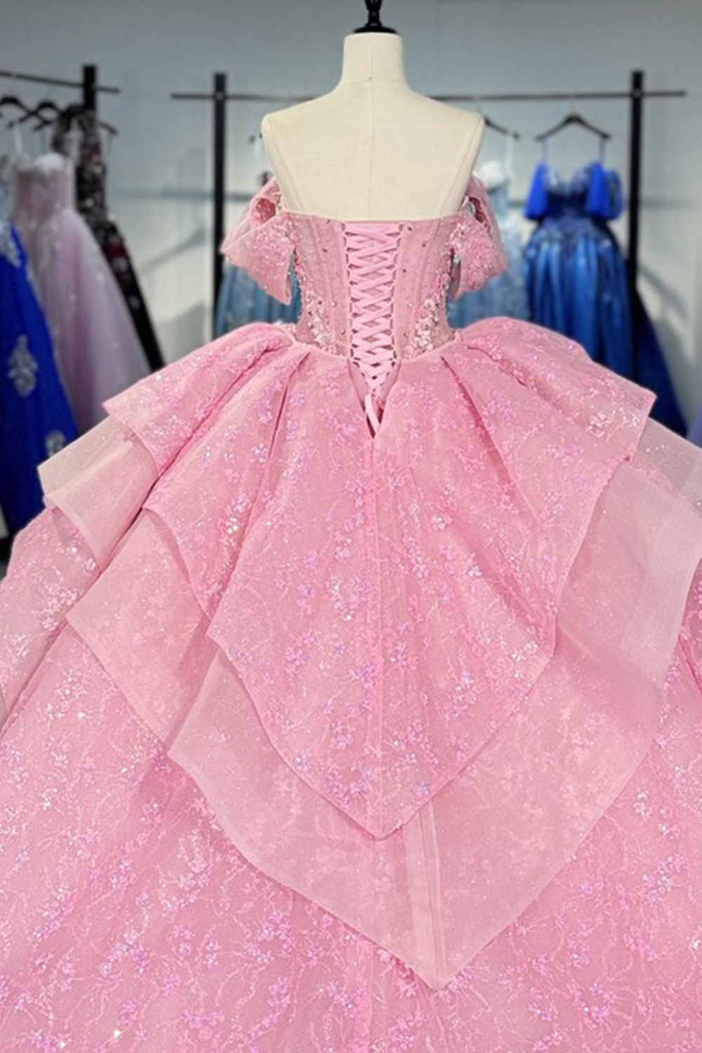 Glitter Pink Corset Tulle Floral Long Quinceanera Dress with Ruffles