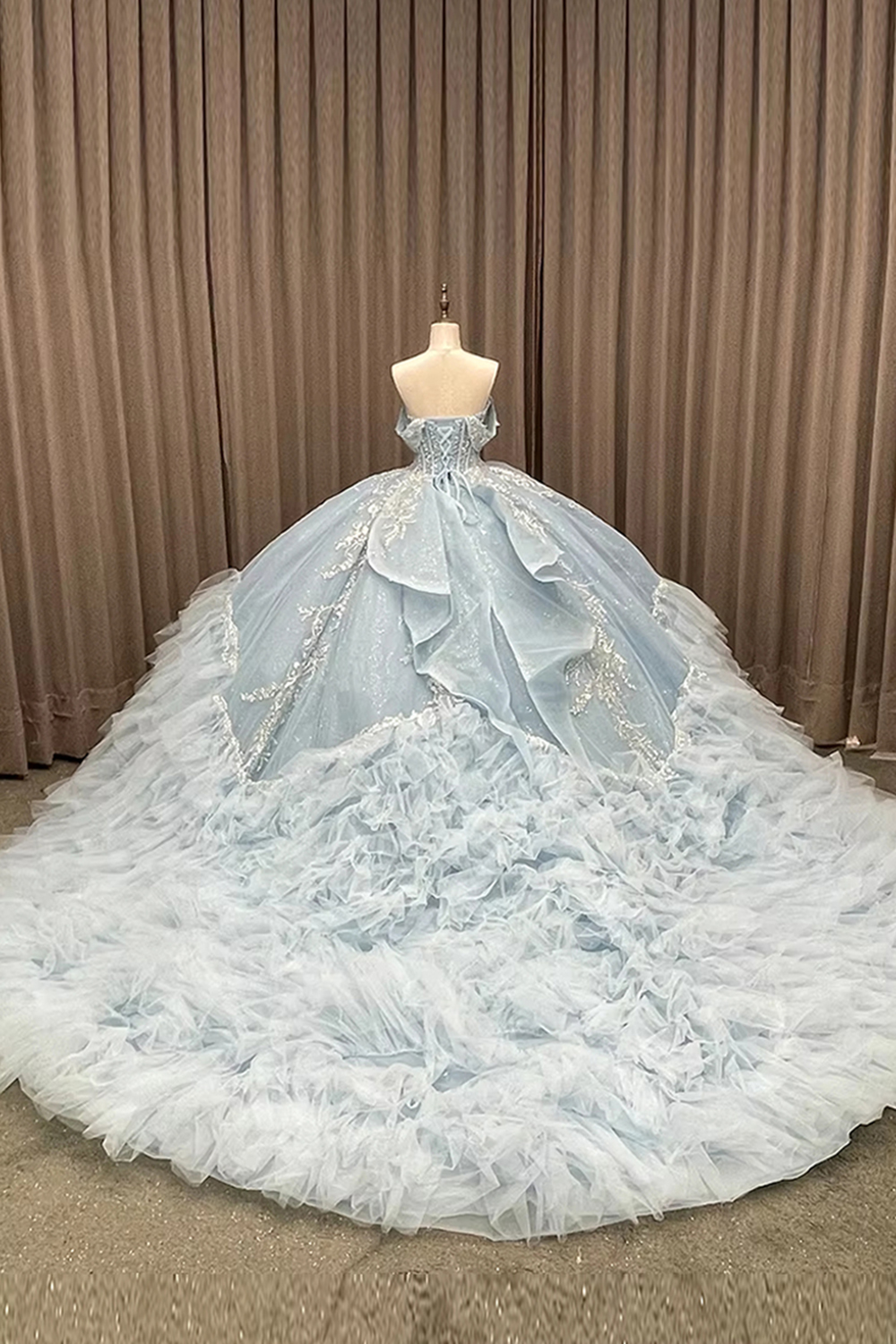 Sparkly Light Blue Corset Beaded Long Off the Shoulder Quinceanera Dress with Appliques