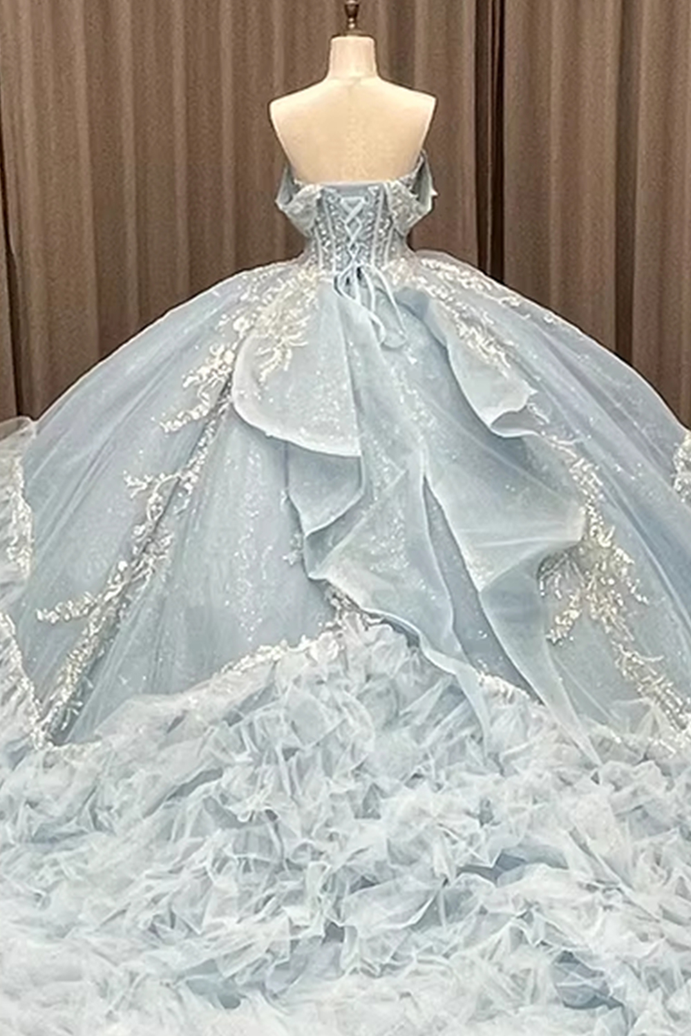 Sparkly Light Blue Corset Beaded Long Off the Shoulder Quinceanera Dress with Appliques