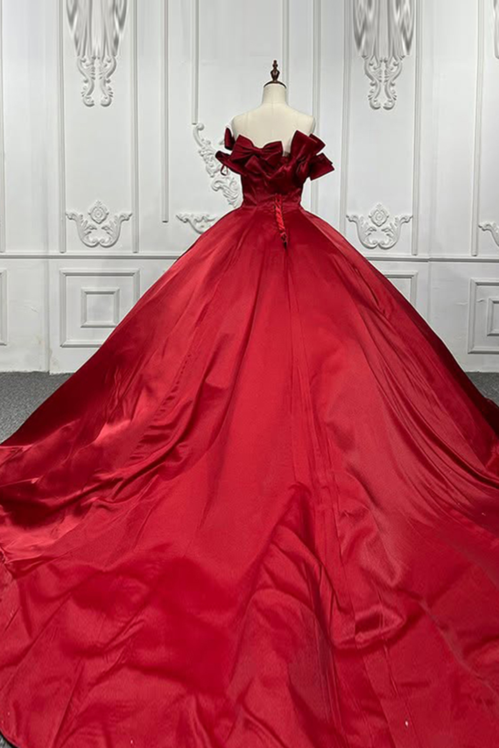Dark Red Ball Gown Off the Shoulder Long Quinceanera Dress with Bows