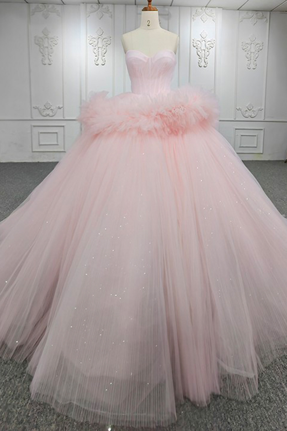 Glitter Pink Ruffled Tulle Sweethear Long Corset Quinceanera Dress