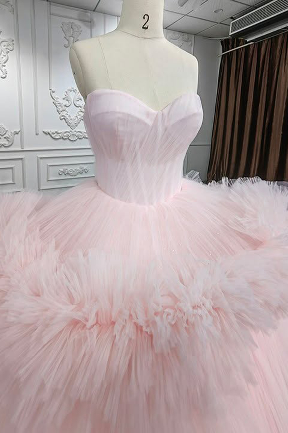 Glitter Pink Ruffled Tulle Sweethear Long Corset Quinceanera Dress