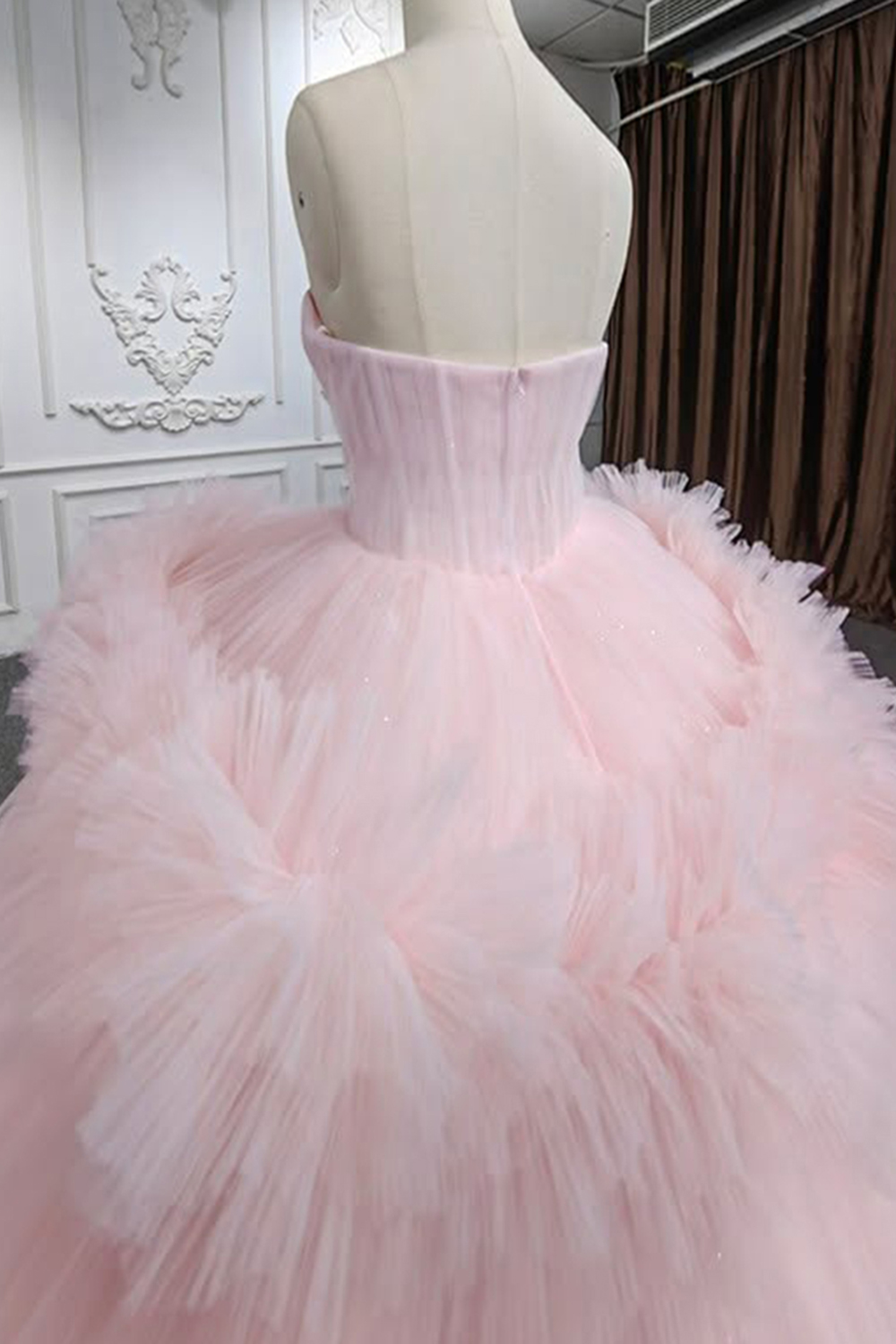 Glitter Pink Ruffled Tulle Sweethear Long Corset Quinceanera Dress