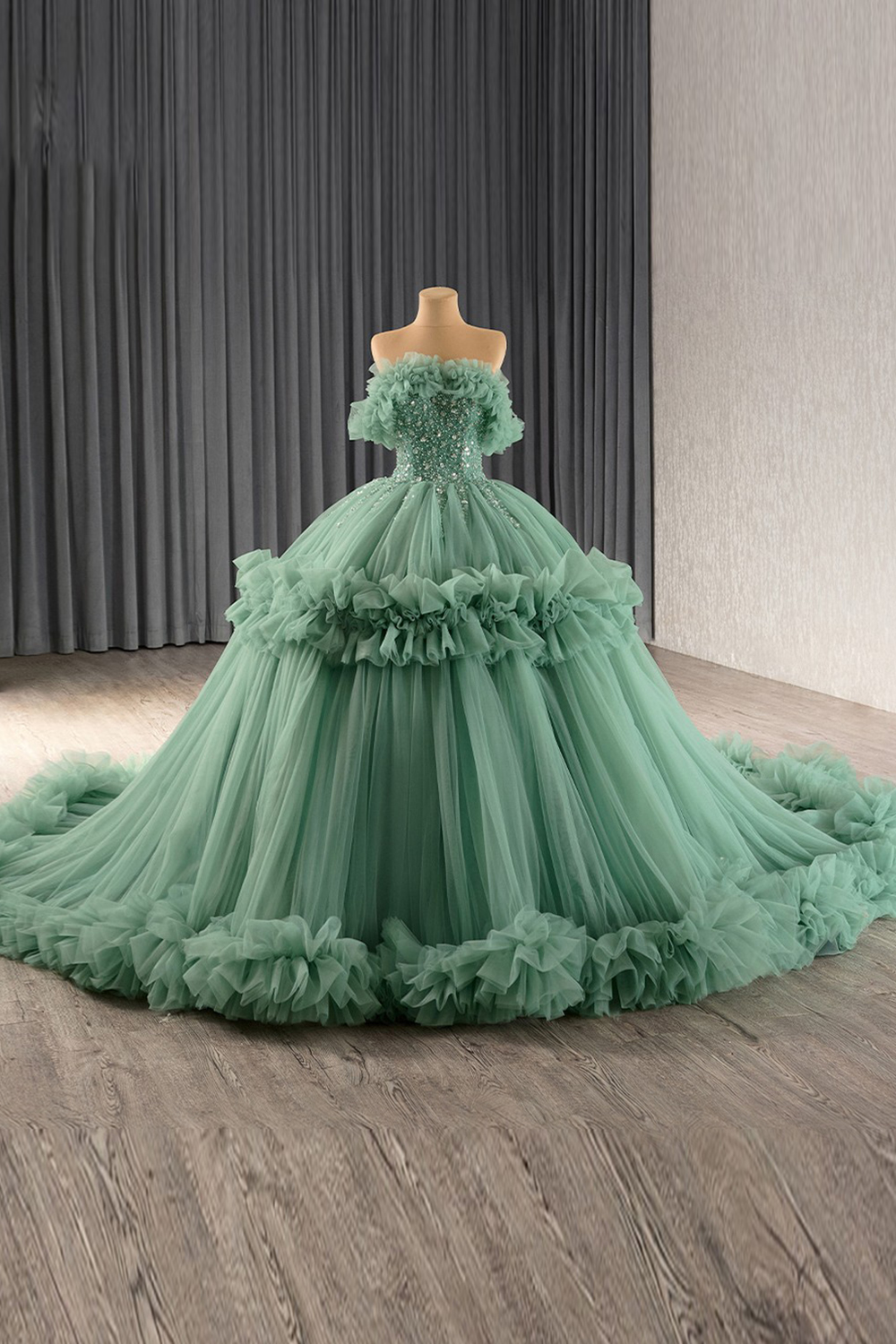 Sparkly Dusty Sage Off the Shoulder Ruffled Tulle Sweethear Long Quinceanera Dress with Beading