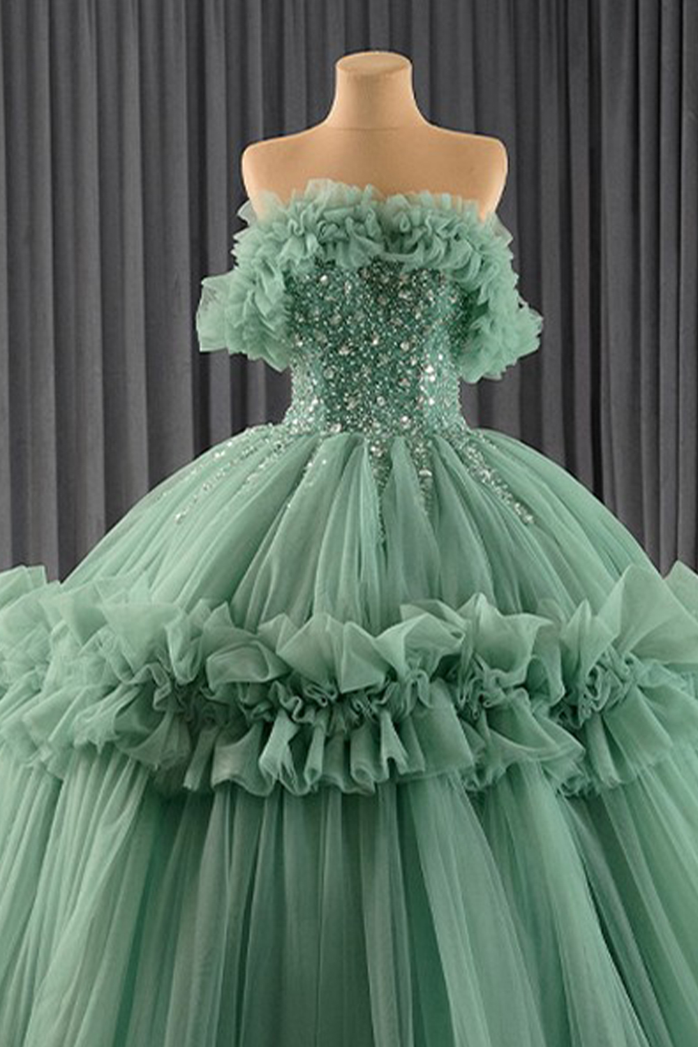 Sparkly Dusty Sage Off the Shoulder Ruffled Tulle Sweethear Long Quinceanera Dress with Beading