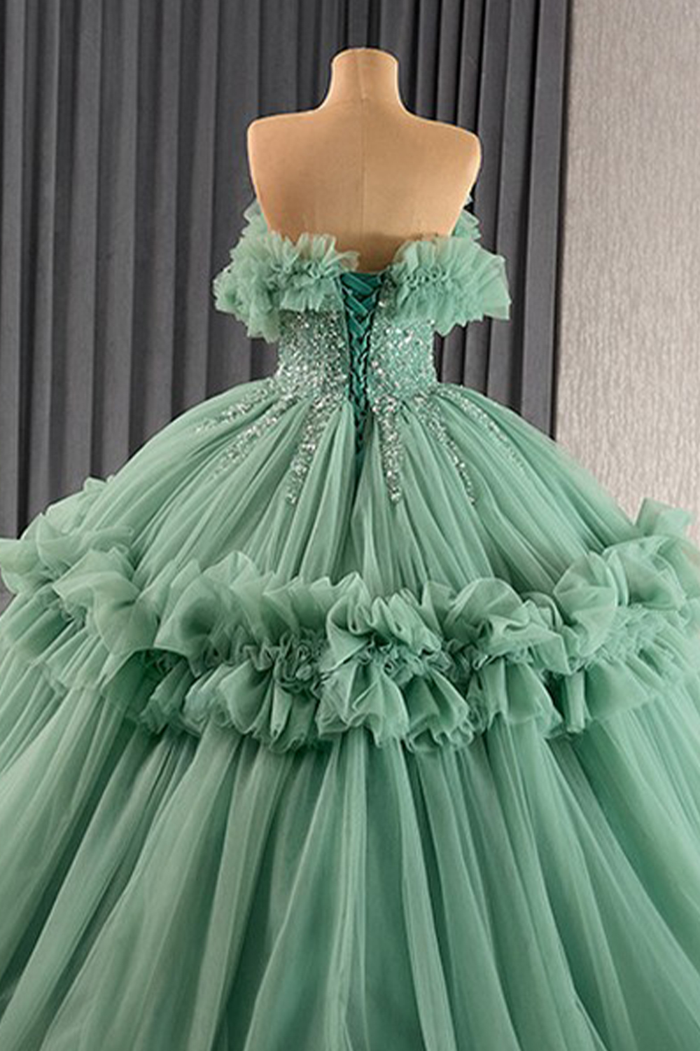Sparkly Dusty Sage Off the Shoulder Ruffled Tulle Sweethear Long Quinceanera Dress with Beading