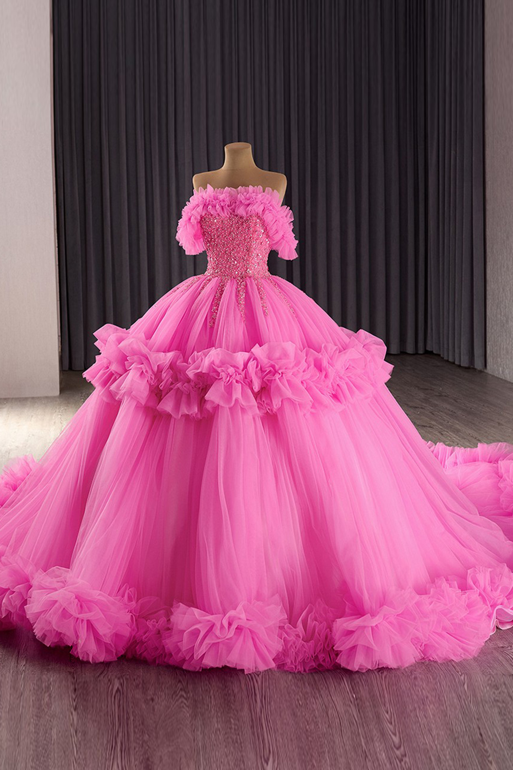 Sparkly Dusty Sage Off the Shoulder Ruffled Tulle Sweethear Long Quinceanera Dress with Beading