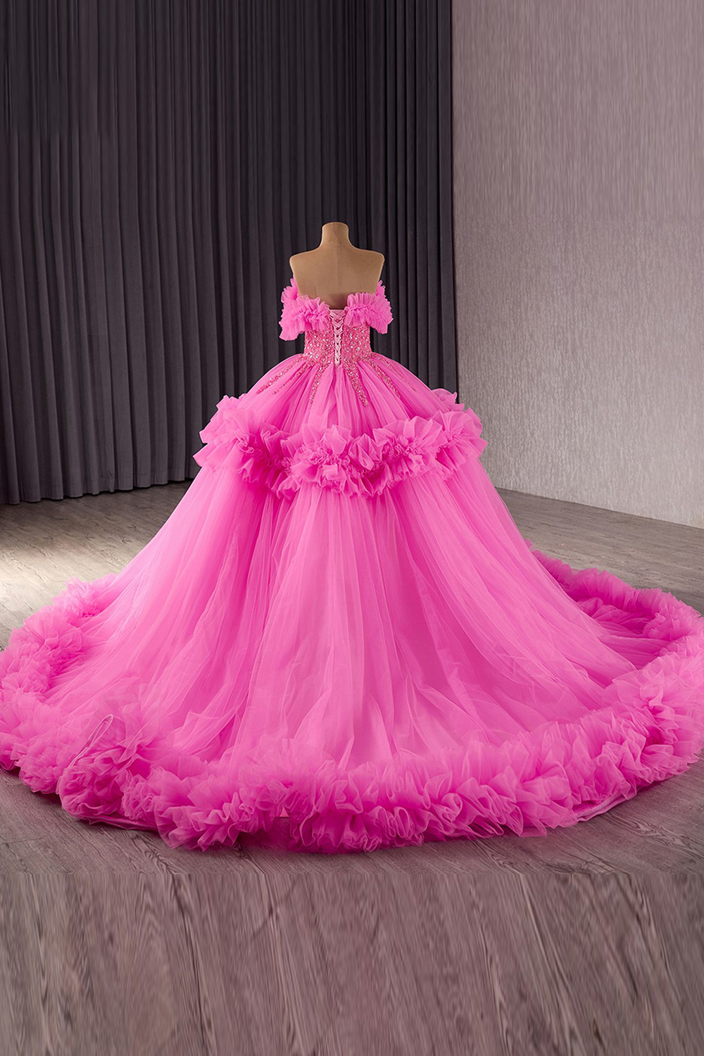 Sparkly Dusty Sage Off the Shoulder Ruffled Tulle Sweethear Long Quinceanera Dress with Beading