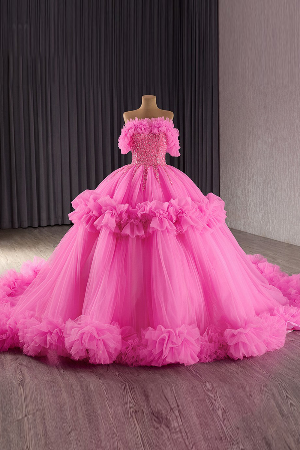 Sparkly Dusty Sage Off the Shoulder Ruffled Tulle Sweethear Long Quinceanera Dress with Beading
