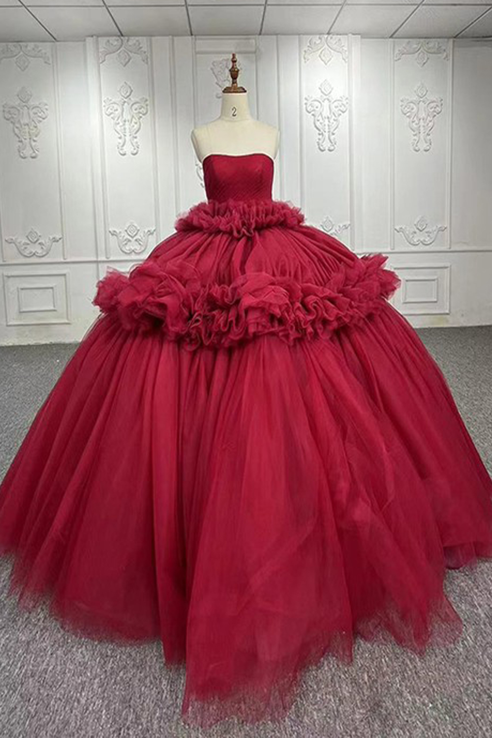 Dark Red Strapless Tulle Ball Gown Long Quinceanera Dress with Ruffles
