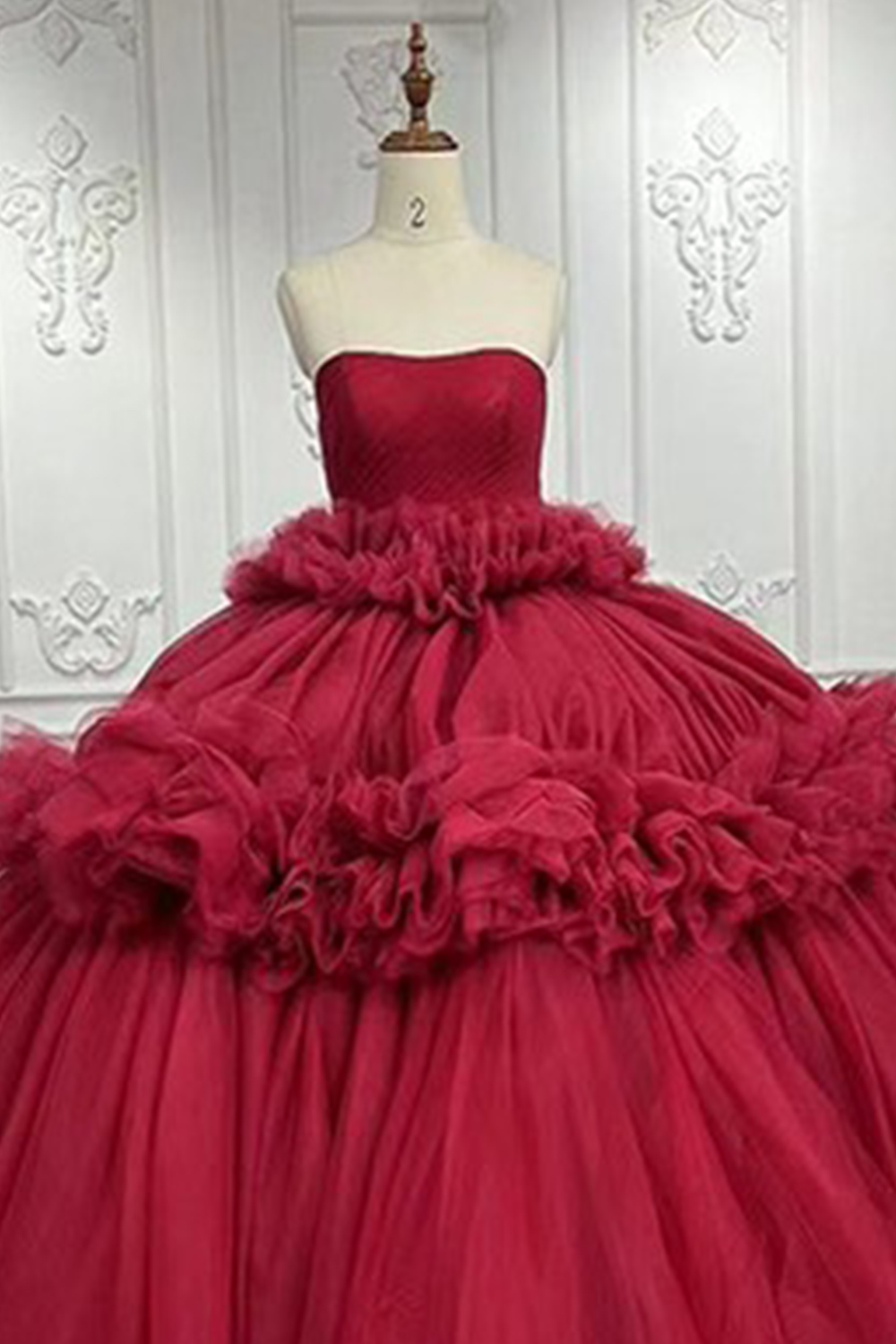 Dark Red Strapless Tulle Ball Gown Long Quinceanera Dress with Ruffles