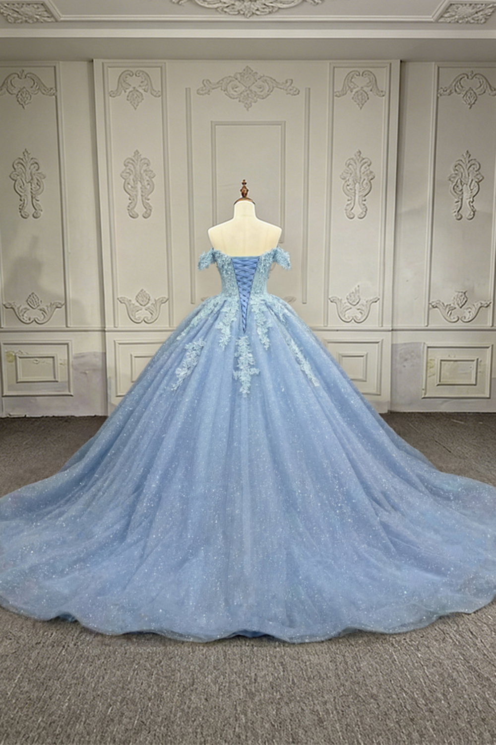 Glitter Blue Corset Floral Long Off the Shoulder Quinceanera Dress with Appliques