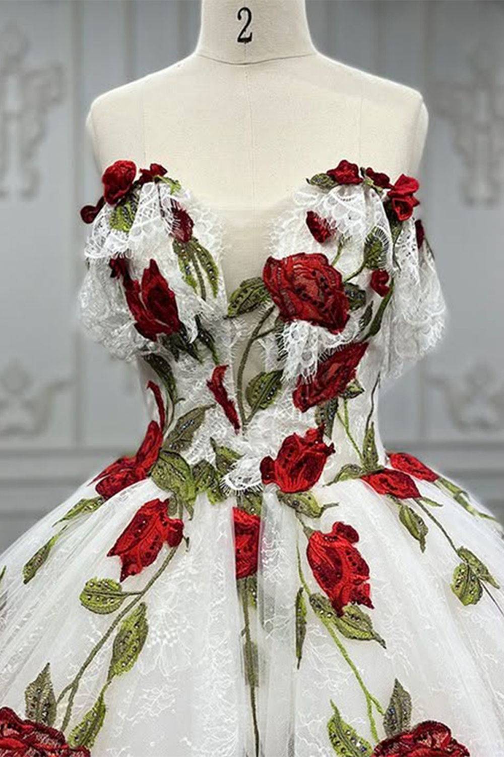 White Floral Strapless Long Ruffled Quinceanera Dress with Lace