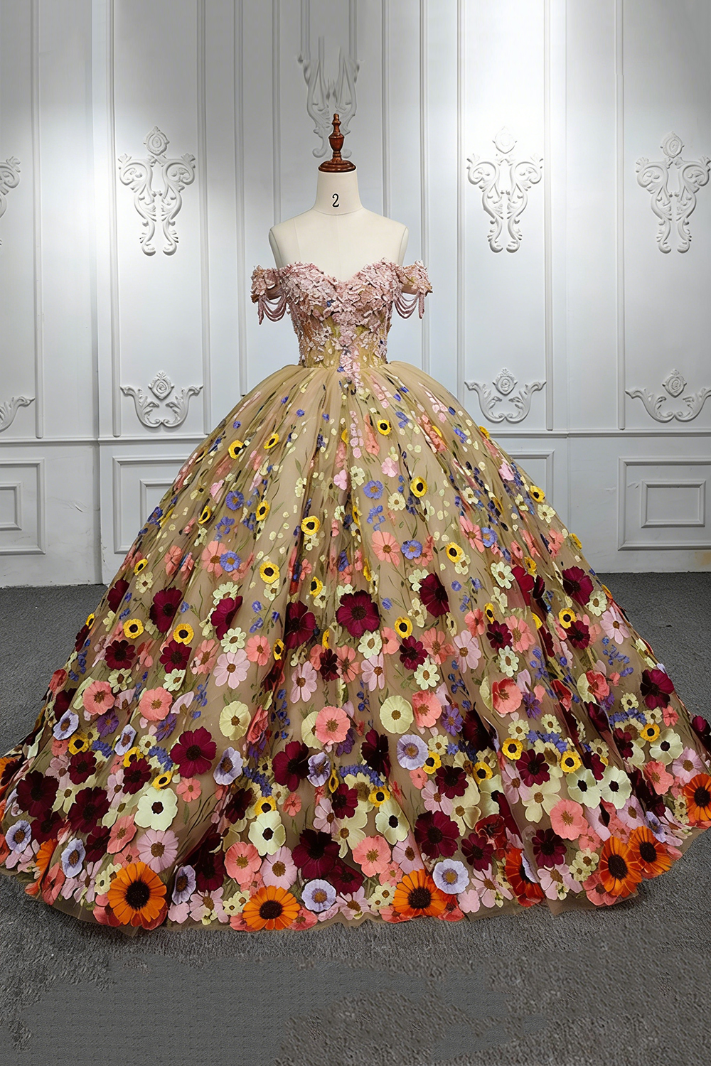 Chamapgne Off the Shoulder Appliqued Long Floral Quinceanera Dress