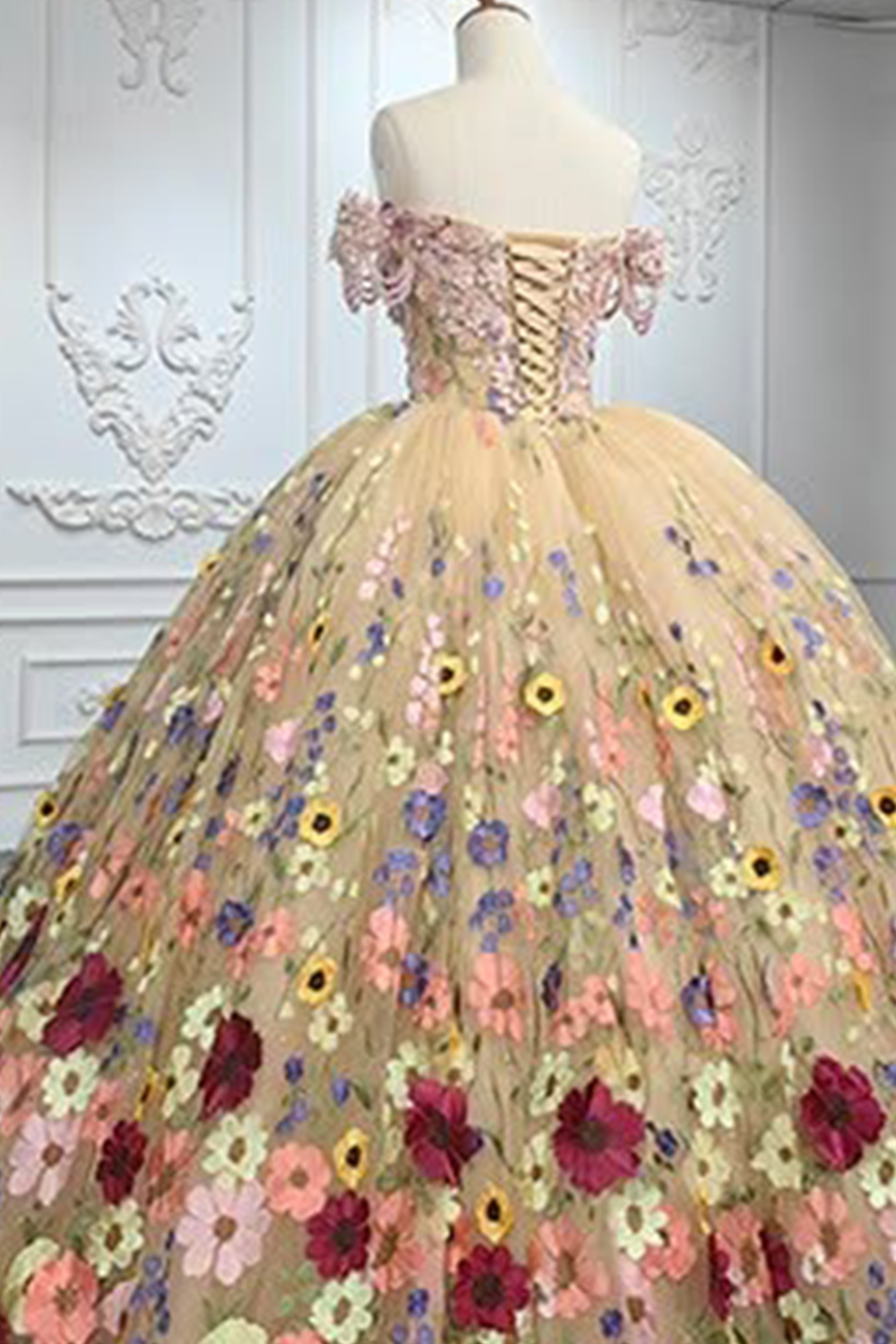 Chamapgne Off the Shoulder Appliqued Long Floral Quinceanera Dress