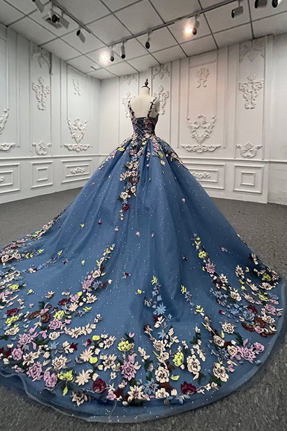 Sparkly Dark Blue Tulle Long Floral Ball Gown Quinceanera Dress